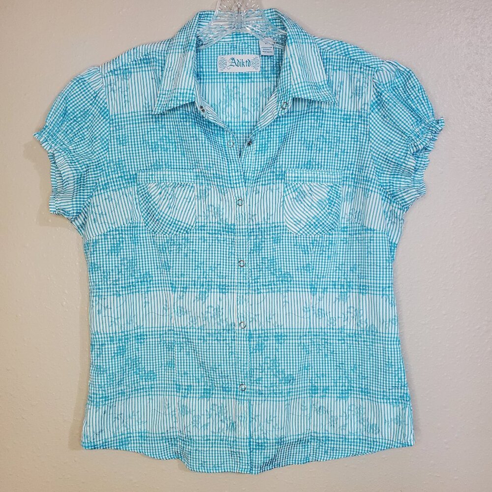Adiktd Aqua Floral Striped Ruched Top Women's Medium